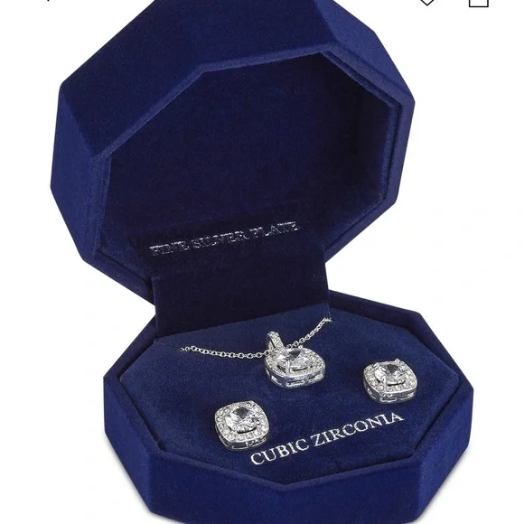 Macys Fine Silver Plate Cubic Zirconia Necklace and Stud Earring Set 18”+3” Ext - Picture 3 of 11